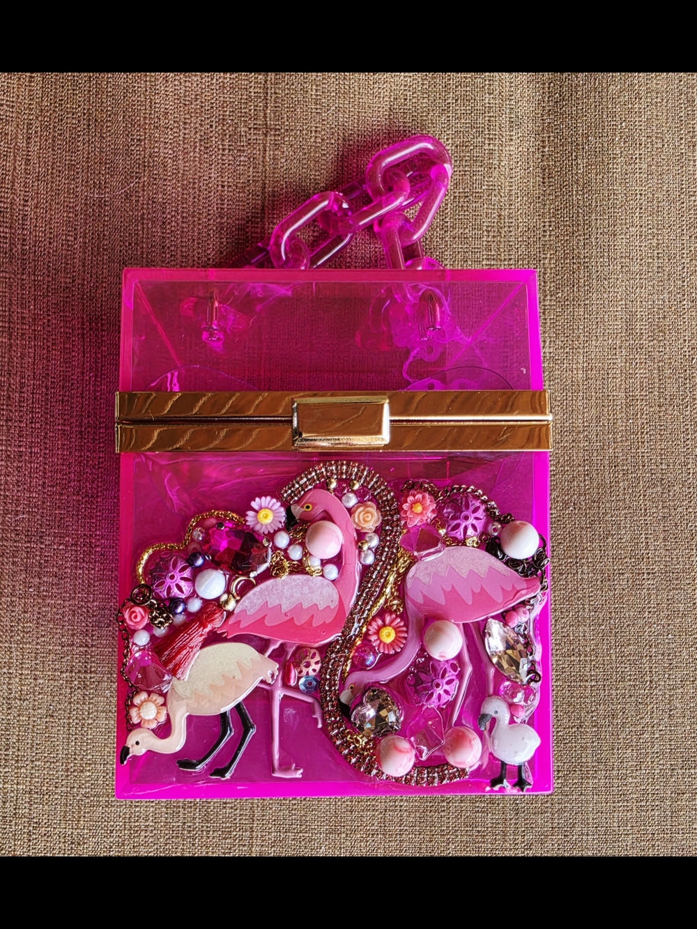 Pink Flamingo Embellished Acrylic Bag